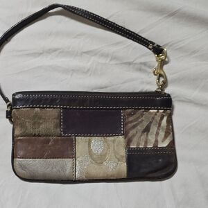Coach Patchwork Leather Wristlet in Brown and Cream
